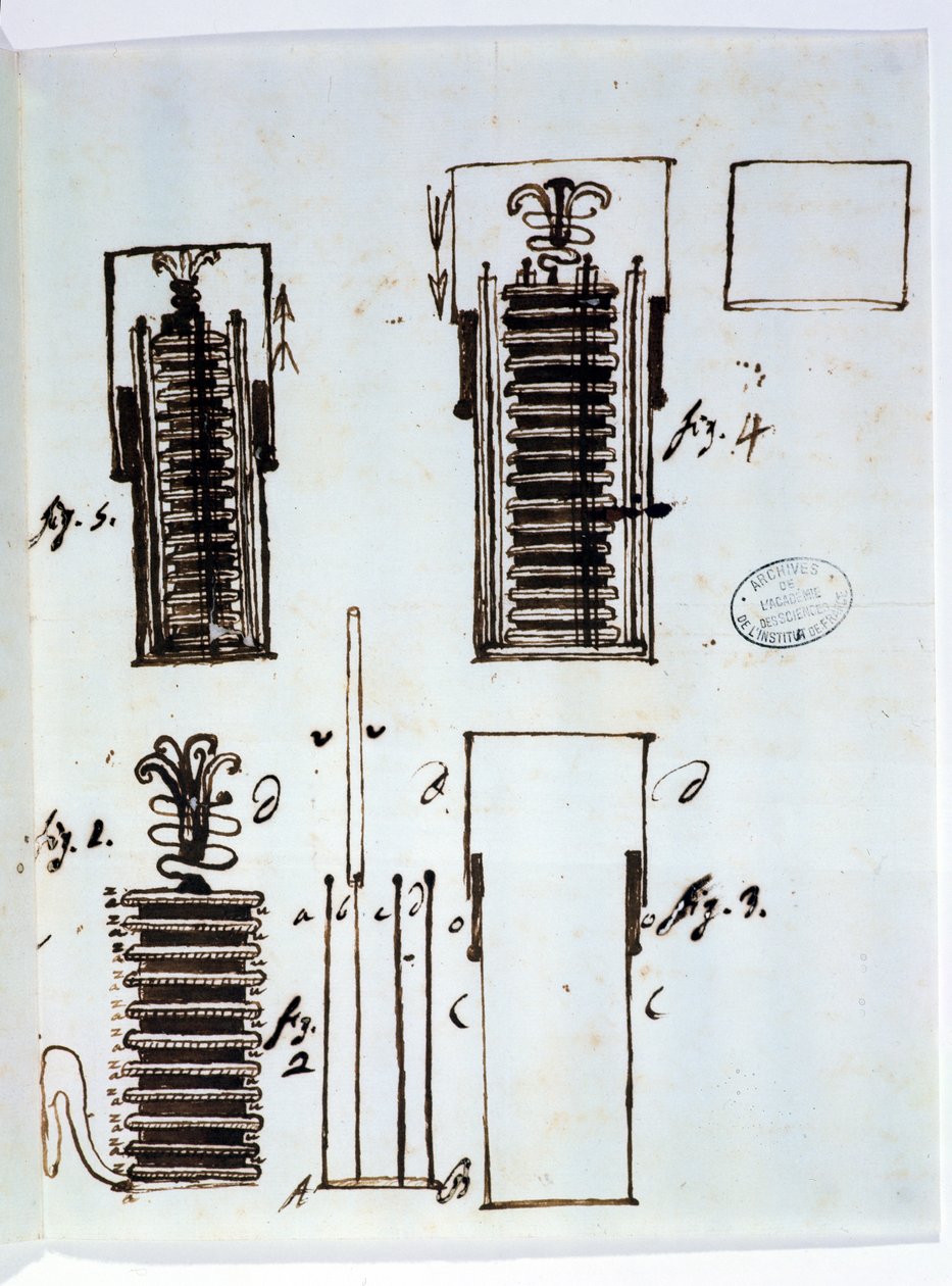 वोलेटिक ढेर (बैटरी)। गैल्वनिज़्म, 1801 पर डेसडोन डोलोमेयू (1750-1801) को एलेसेंड्रो वोल्टा (1745-1827) के पत्र से आकर्षित करना, 1801 (कागज पर कलम और स्याही) द्वारा इतालवी स्कूल