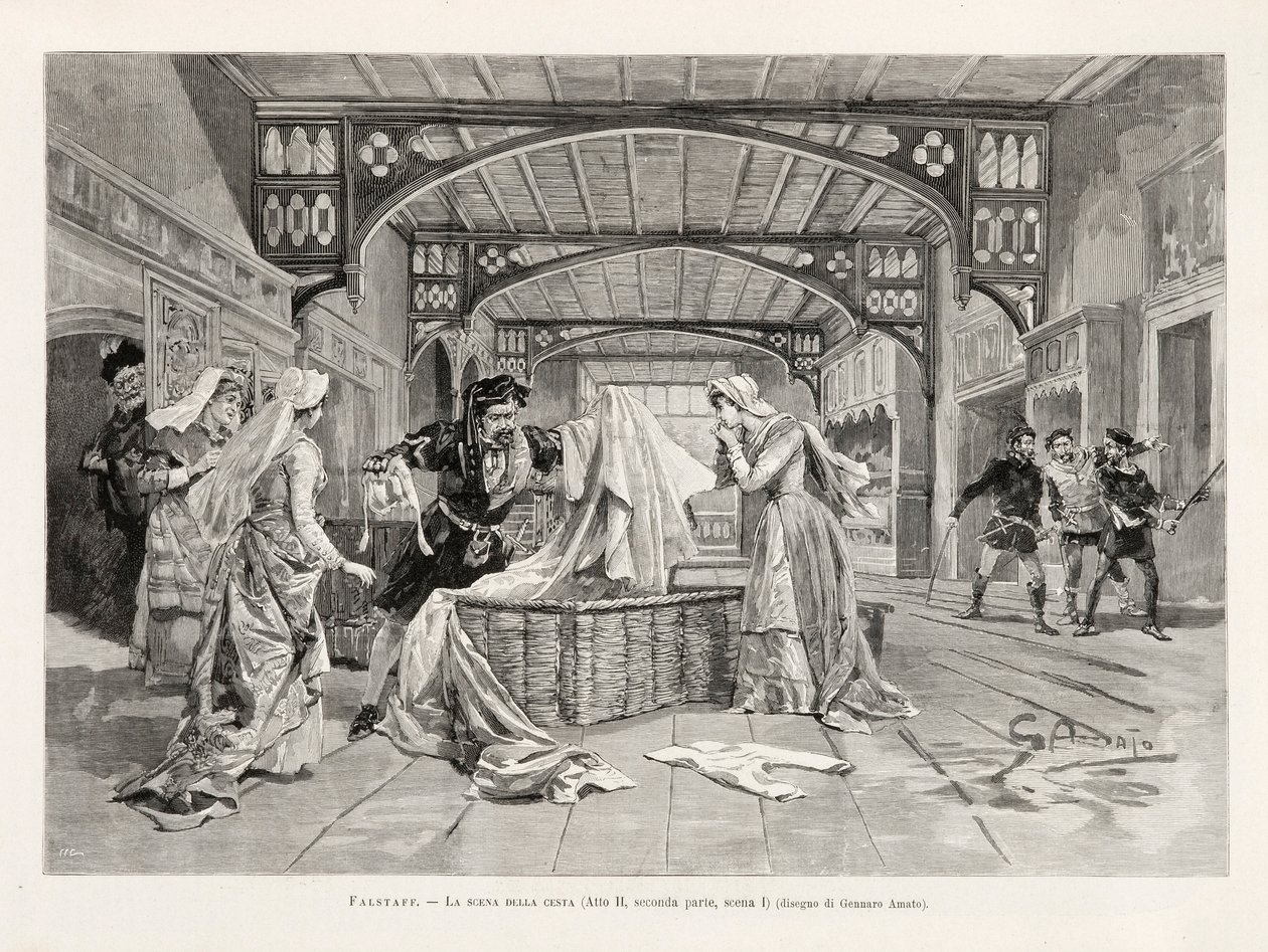 ग्लीसेप वेर्डिस ओपेरा फालस्टाफ की टोकरी (एक्ट II, पार्ट टू, सीन I) का दृश्य LIllustrazione Italiana, XX, N. 8, 19 फरवरी 1893 से द्वारा इतालवी स्कूल