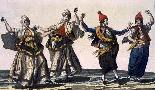 दो महिला और दो पुरुष नर्तक, वी. रेनेरी (एक्वाटिंट) द्वारा उकेरी गई 'द हिस्ट्री ऑफ द नेशंस' के भाग III, खंड I से प्लेट 62, द्वारा इतालवी स्कूल