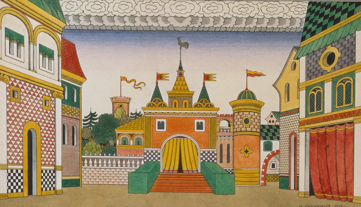 निकोलाई रिमस्की-कोर्साकोव (19044-1908), 1909 (पेपर पर डब्ल्यूसी और गौचे) ओपेरा के लिए स्केच, द गोल्डन कॉकरेल द्वारा इवान याकोवलेविच बिलिबिन