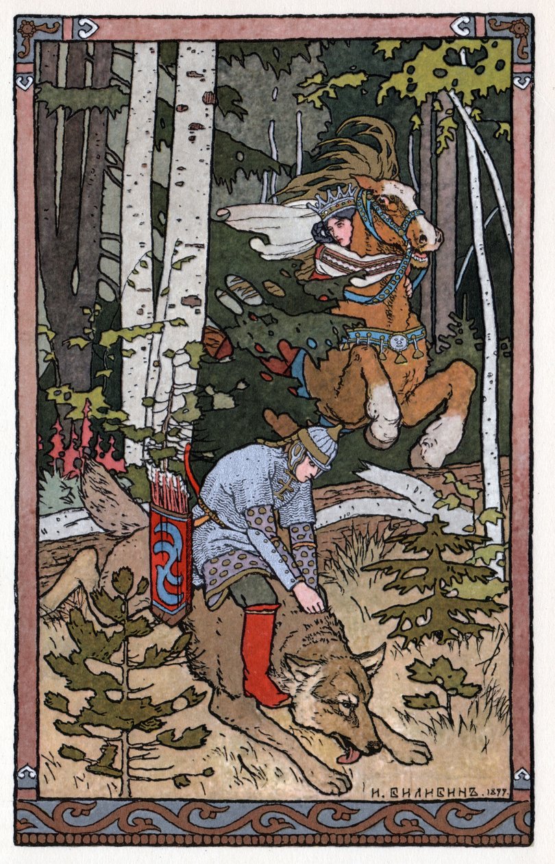 त्सारेविच इवान, द फायर बर्ड एंड द ग्रे वुल्फ, c.1899 (लिथोग्राफ) द्वारा इवान याकोवलेविच बिलिबिन