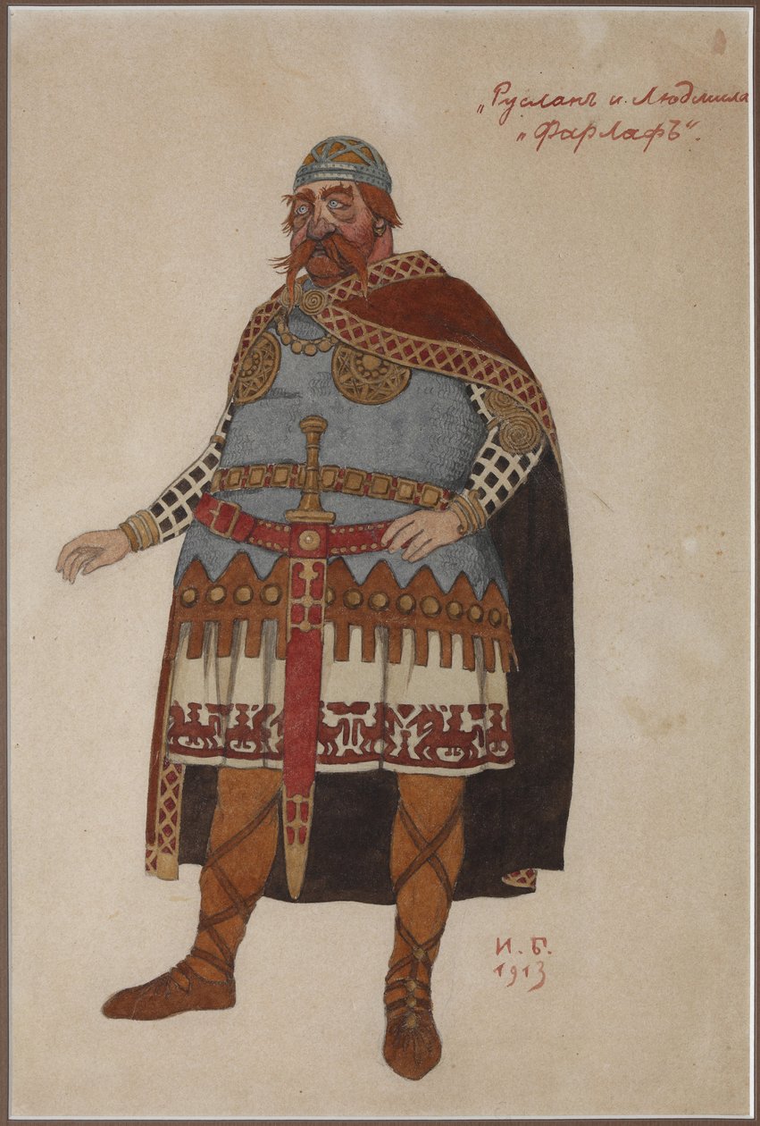 एम. ग्लिंका पार बिलिबिन, इवान याकोवलेविच (1876-1942) द्वारा ओपेरा रुस्लान और ल्यूडमिला के लिए पोशाक डिजाइन। कार्डबोर्ड पर वॉटरकलर द्वारा इवान याकोवलेविच बिलिबिन