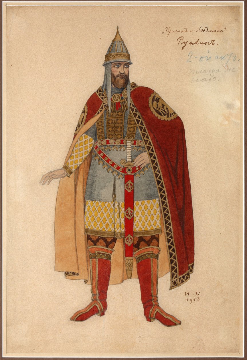 एम. ग्लिंका पार बिलिबिन, इवान याकोवलेविच (1876-1942) द्वारा ओपेरा रुस्लान और ल्यूडमिला के लिए पोशाक डिजाइन। कार्डबोर्ड पर वॉटरकलर द्वारा इवान याकोवलेविच बिलिबिन