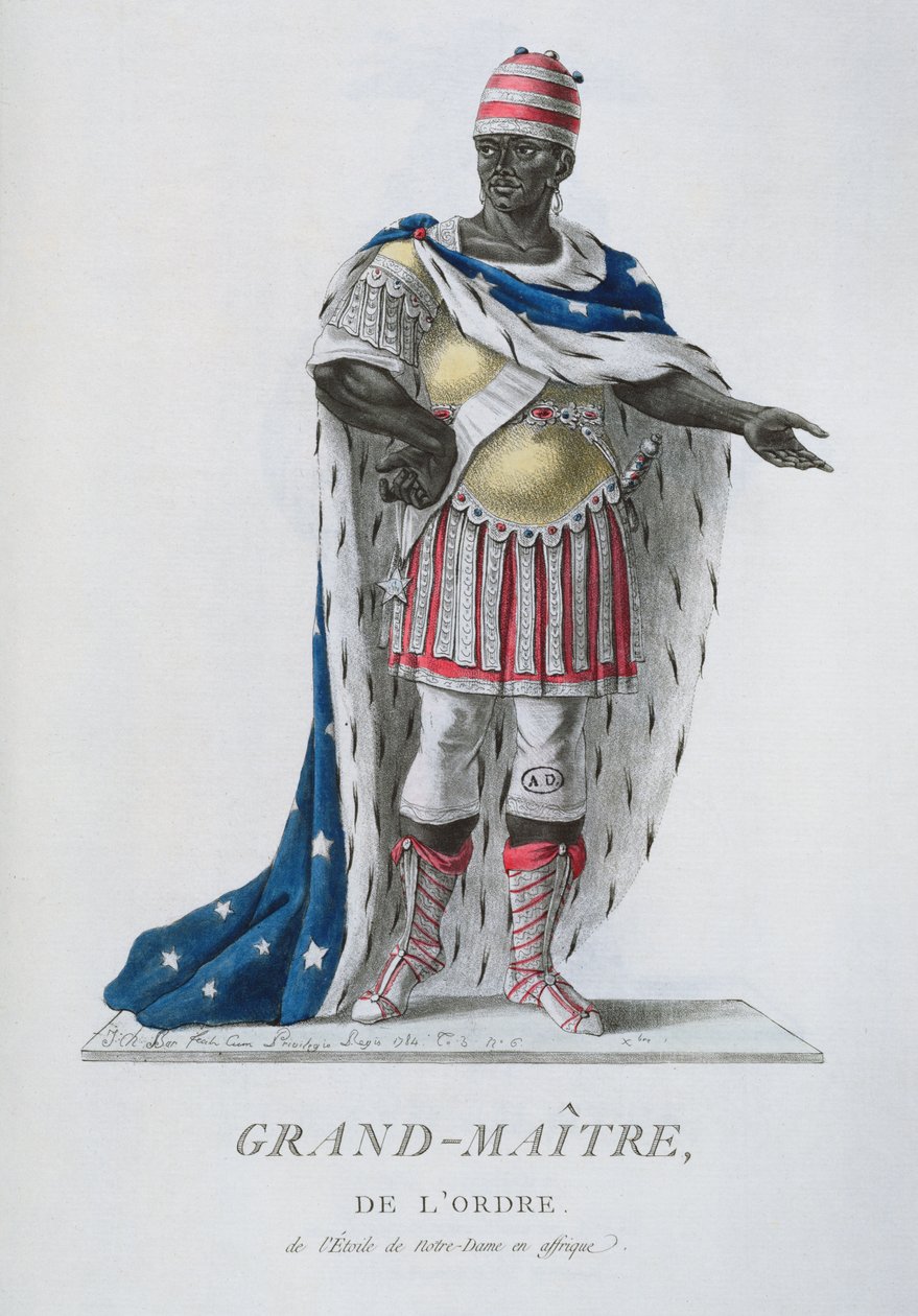 &39;लेडी ऑफ द स्टार ऑफ द ऑर्डर ऑफ द लेडी ऑफ द लेडी&39; के ग्रैंड मास्टर, अफ्रीकी सेरेमोनियल ड्रेस में, &39;धार्मिक और सैन्य आदेशों के संग्रह&39; से, 1785 में प्रकाशित द्वारा जेसी बार