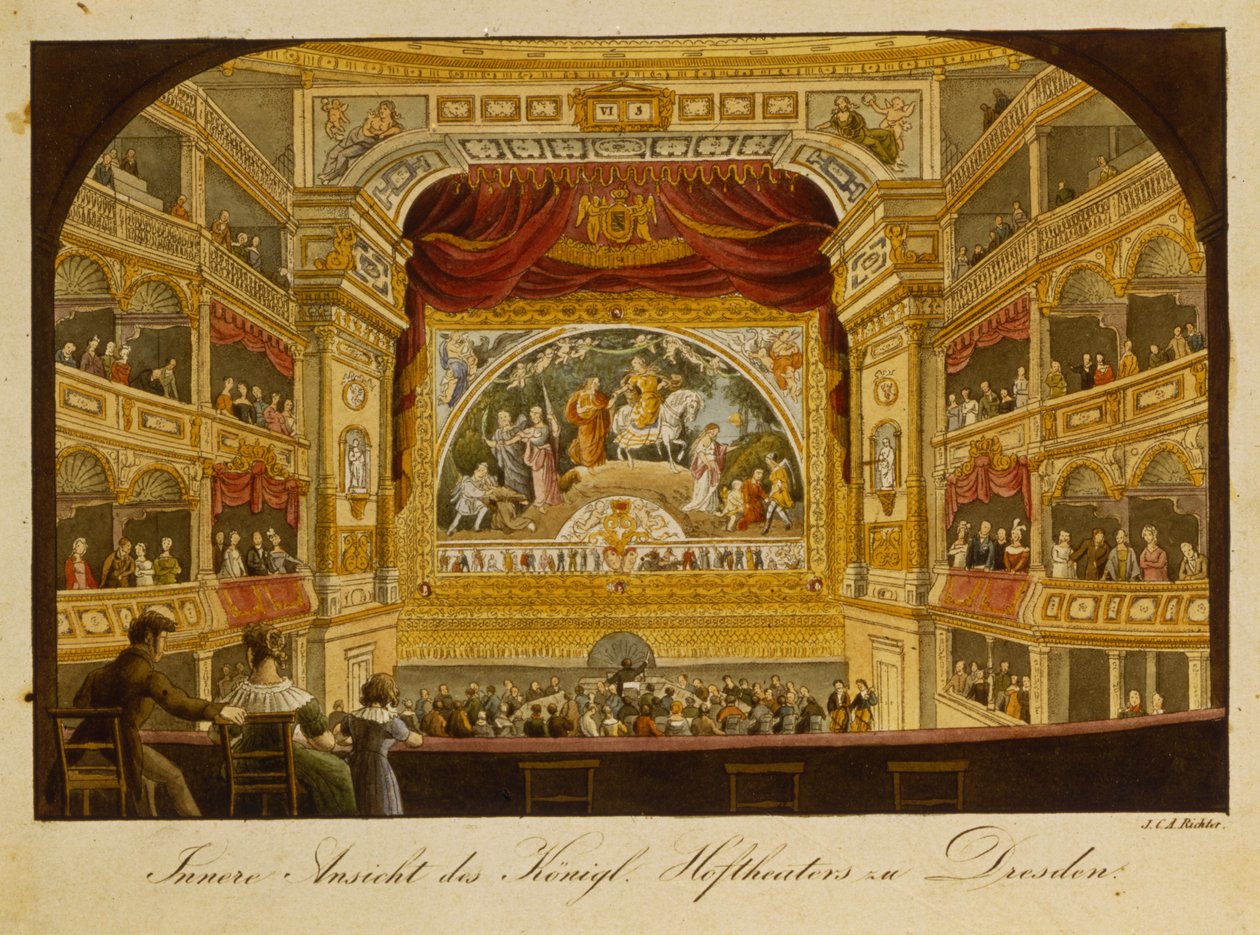 ड्रेसडेन में शाही रंगमंच का इंटीरियर, c.1845 (हाथ के रंग का उत्कीर्णन) द्वारा जेसीए जज