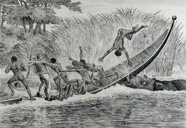 क्रोधित दरियाई घोड़ा एक नाव को परेशान करना (उत्कीर्णन) (बी/डब्ल्यू फोटो) द्वारा जेएम कॉर्नर