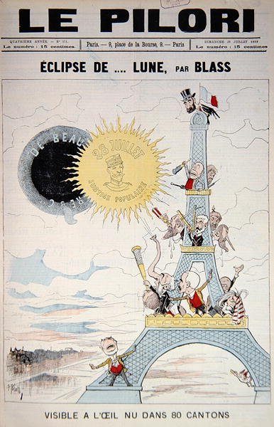 1889 के फ़्रांस के चुनावों से संबंधित 'ले पिलोरी' का फ्रंट कवर और जनरल बौलैंगर, 28 जुलाई 1889 (कलर लिथो) द्वारा जे पाले