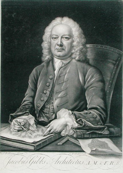 जेम्स गिब्स का पोर्ट्रेट (1682-1754) जेम्स मैकआर्डेल द्वारा उकेरा गया (सी.1729-65) (उत्कीर्णन) द्वारा जे. (बाद में) विलियम्स