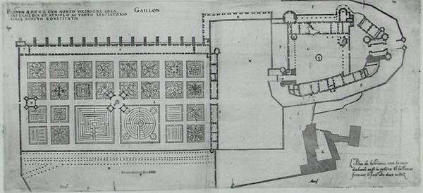 1570 के दशक में प्रकाशित 'लेस प्लस बेल्स बैस्टिमेंट्स डी फ्रांस' से संलग्न बगीचों और चेटो डी गैलोन की योजना (उत्कीर्णन) द्वारा जे एंड्रॉएट डुसेरसेउ