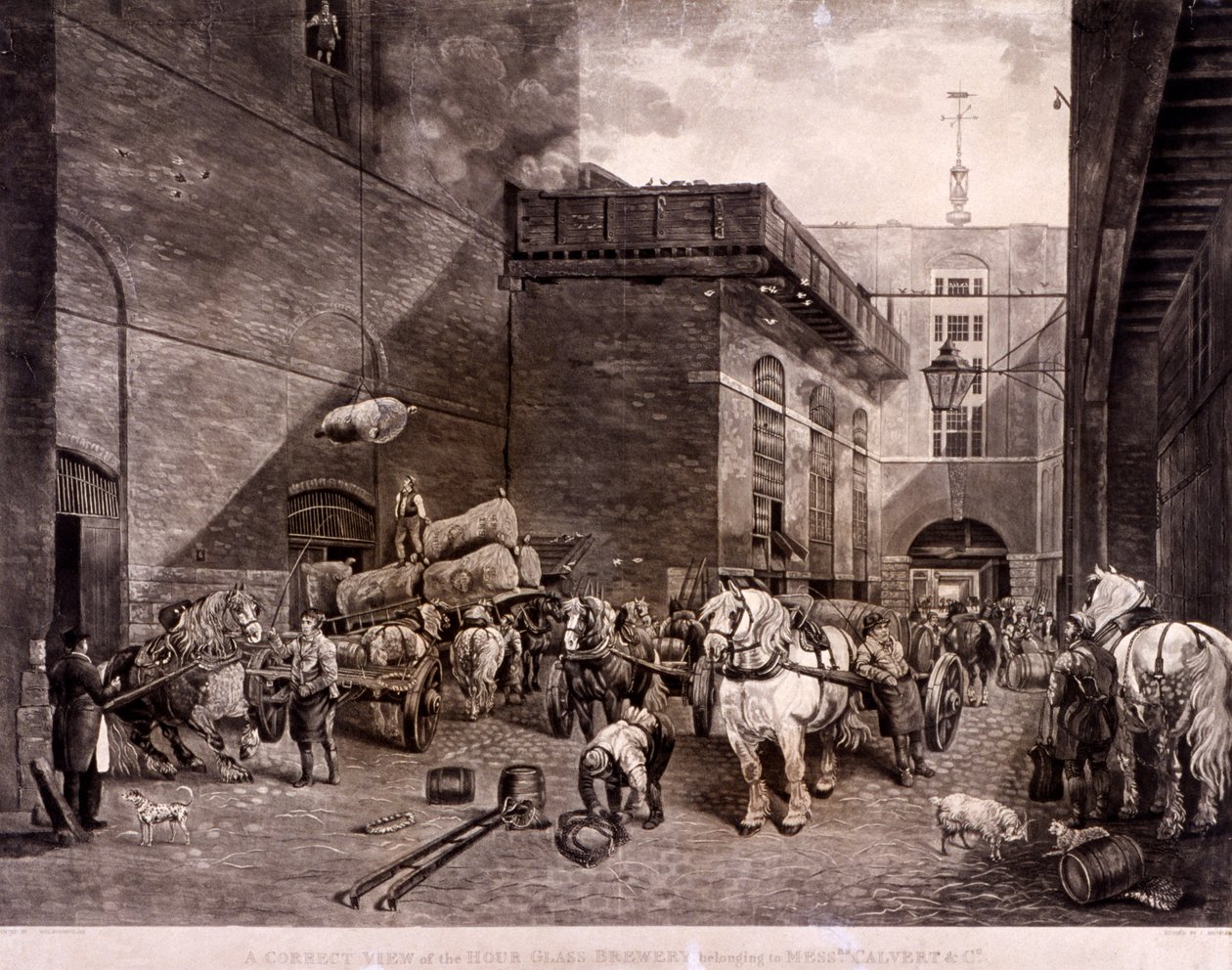 अपर टेम्स स्ट्रीट, लंदन, 1821 में द ऑवर ग्लास ब्रेवरी। द्वारा जे ब्रोमली