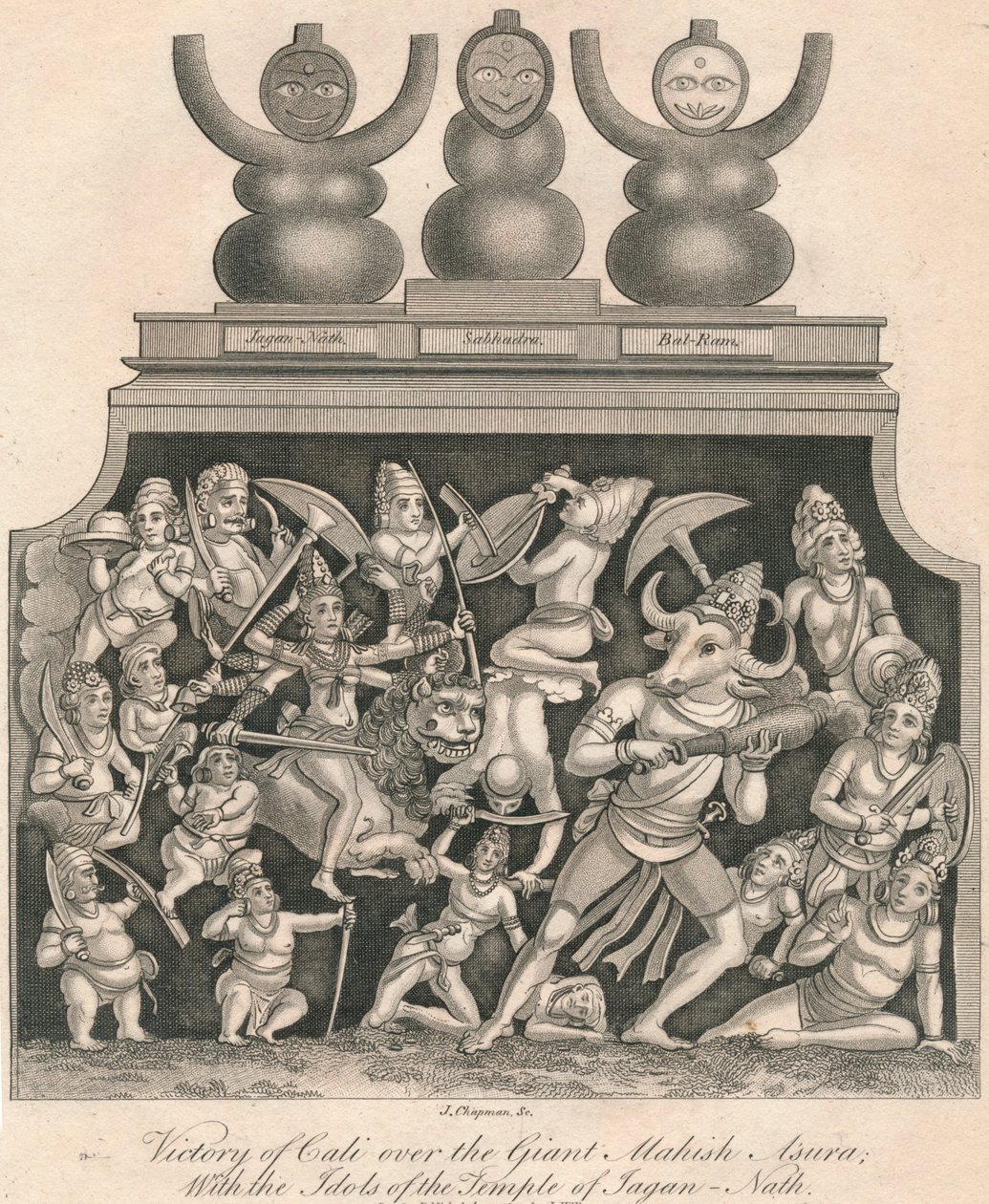 जगन-नाथ, 1809 के मंदिर की मूर्तियों के साथ विशाल महिष असुर पर कैली की विजय। द्वारा जे। चैपमैन