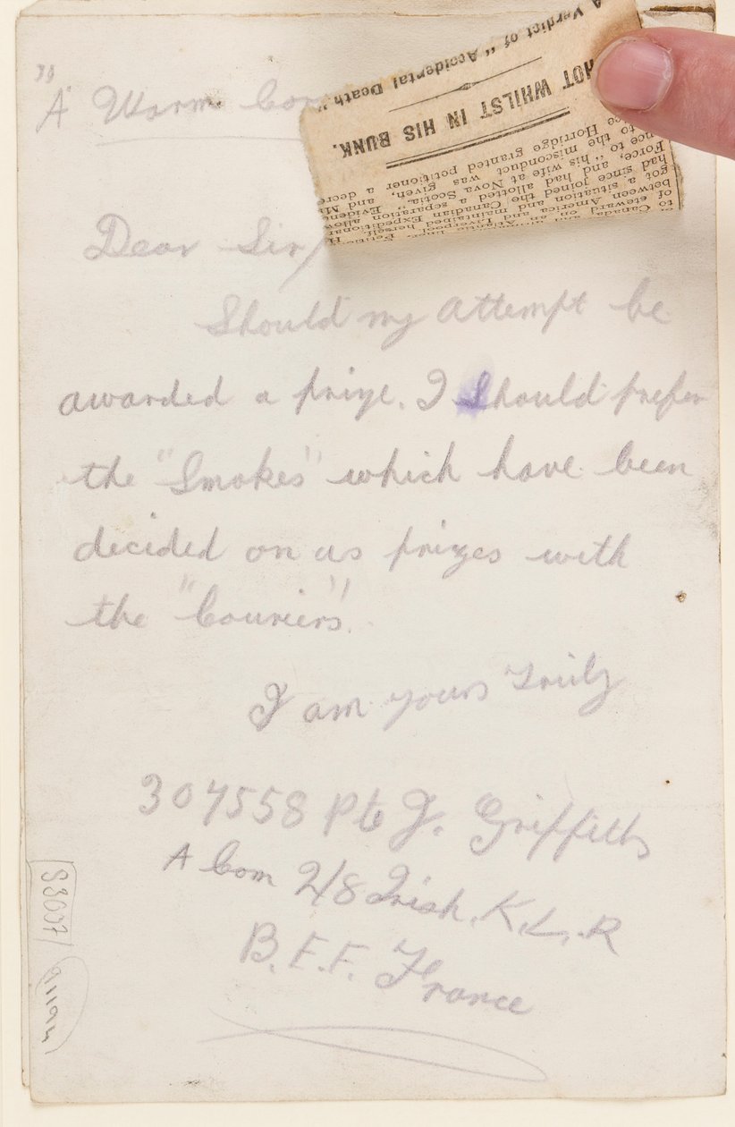 लिवरपूल वीकली कूरियर, 1917 के प्रतियोगिता संपादक को पत्र द्वारा जे। ग्रिफ़िथ्स
