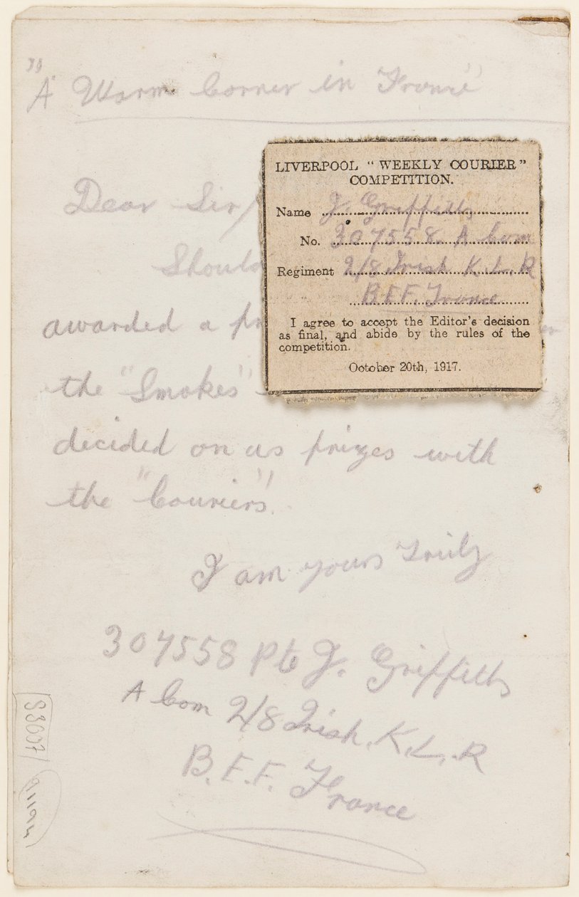 लिवरपूल वीकली कूरियर, 1917 के प्रतियोगिता संपादक को पत्र द्वारा जे। ग्रिफ़िथ्स