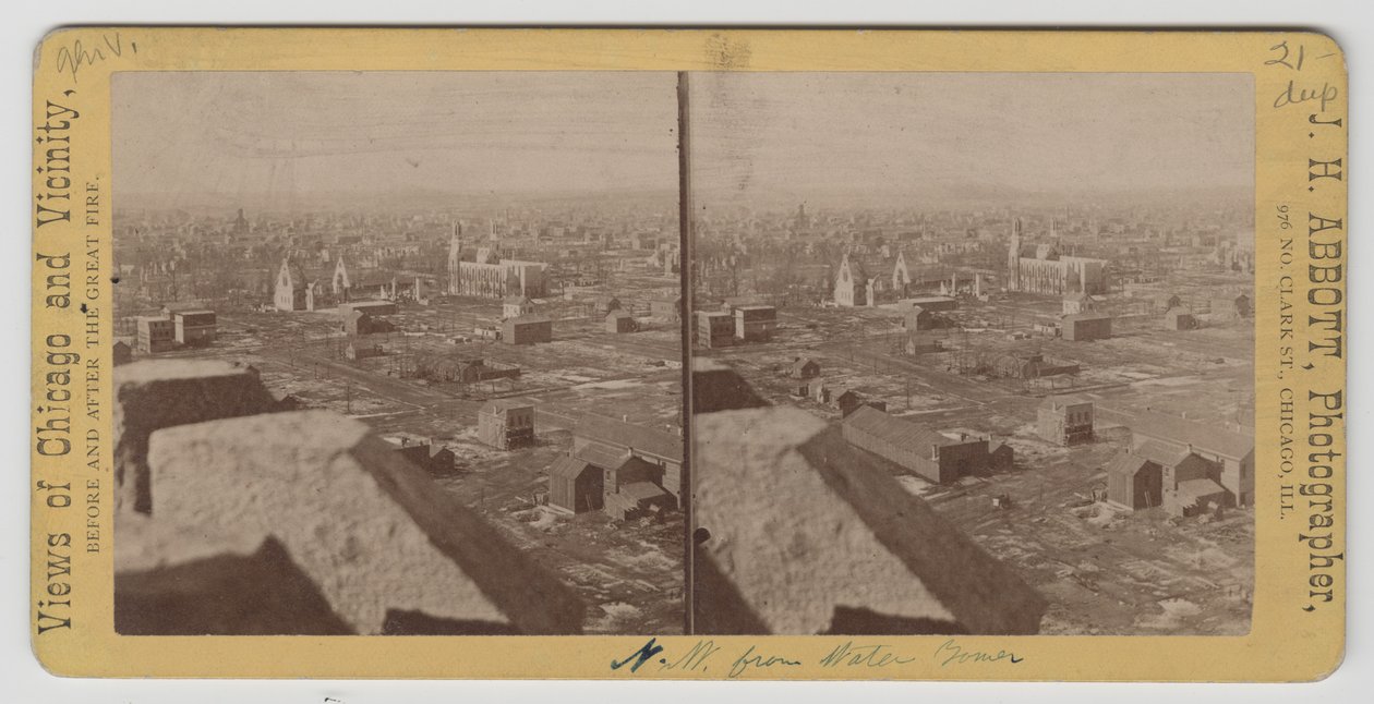 1871 के शिकागो फायर के बाद पानी के टॉवर से उत्तर-पश्चिम का दृश्य द्वारा जेएच एबॉट