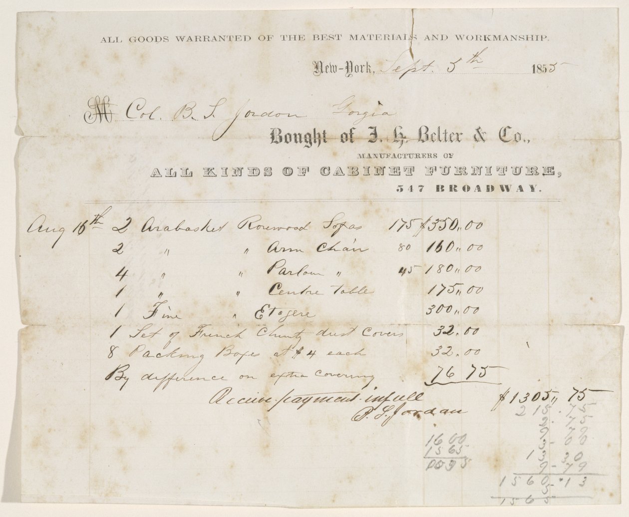 कर्नल बीएस जॉर्डन को बिक्री का बिल, 5 सितंबर, 1855 (कागज पर स्याही) द्वारा JH बेल्टर और Co.JH बेल्टर एंड कंपनी