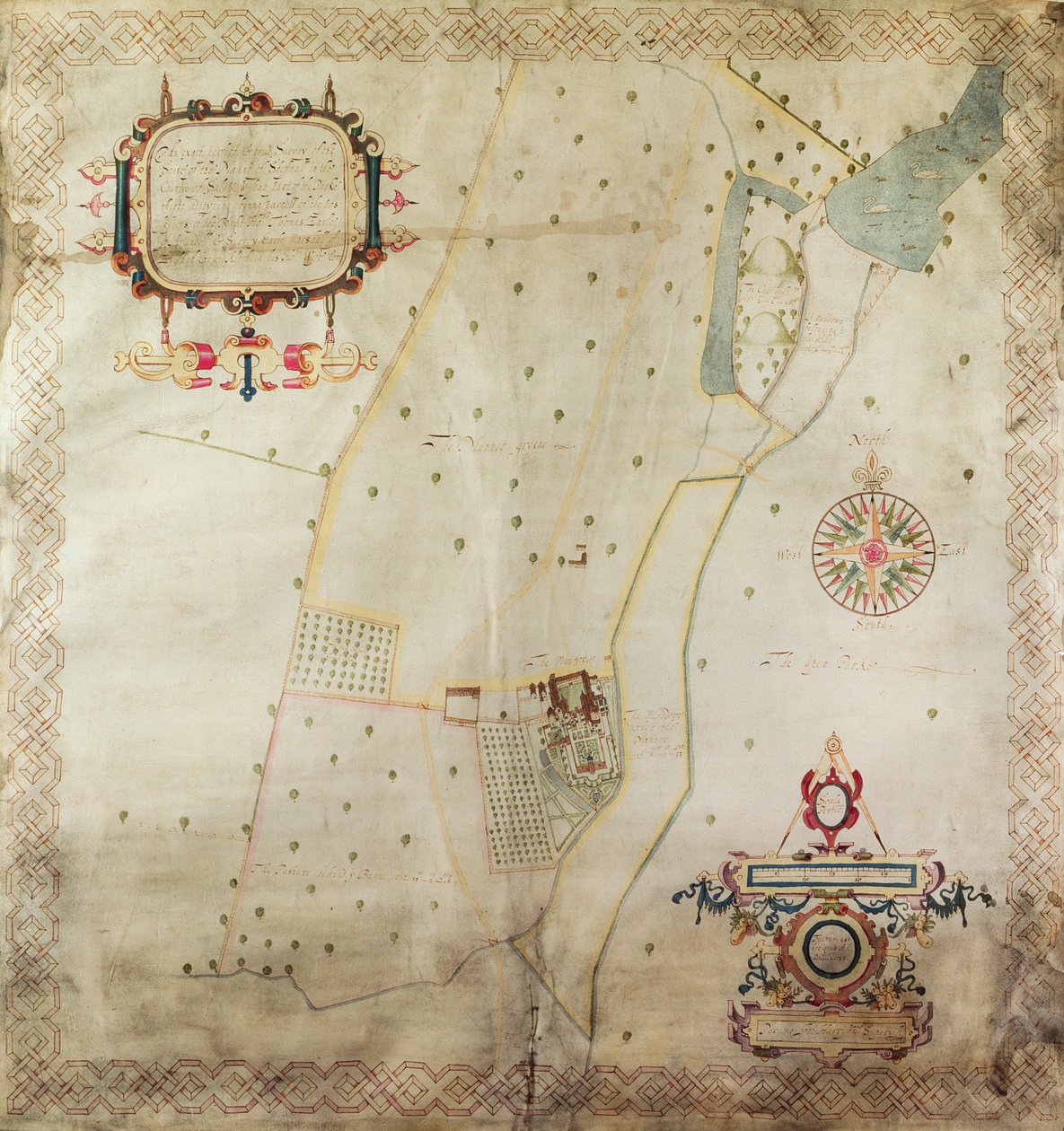शिफनल, शॉर्पशायर के मनोर का मानचित्र, 1635 (वेल्लम पर स्याही का रंग) द्वारा जे। हैरिसन