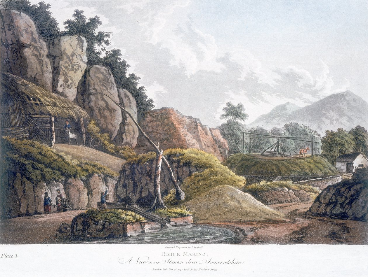 स्टैंटन ड्रू, समरसेट के पास ईंट बनाना, 28 फरवरी 1798 (रंगीन एक्वाटिंट) द्वारा जे। हसल्ल