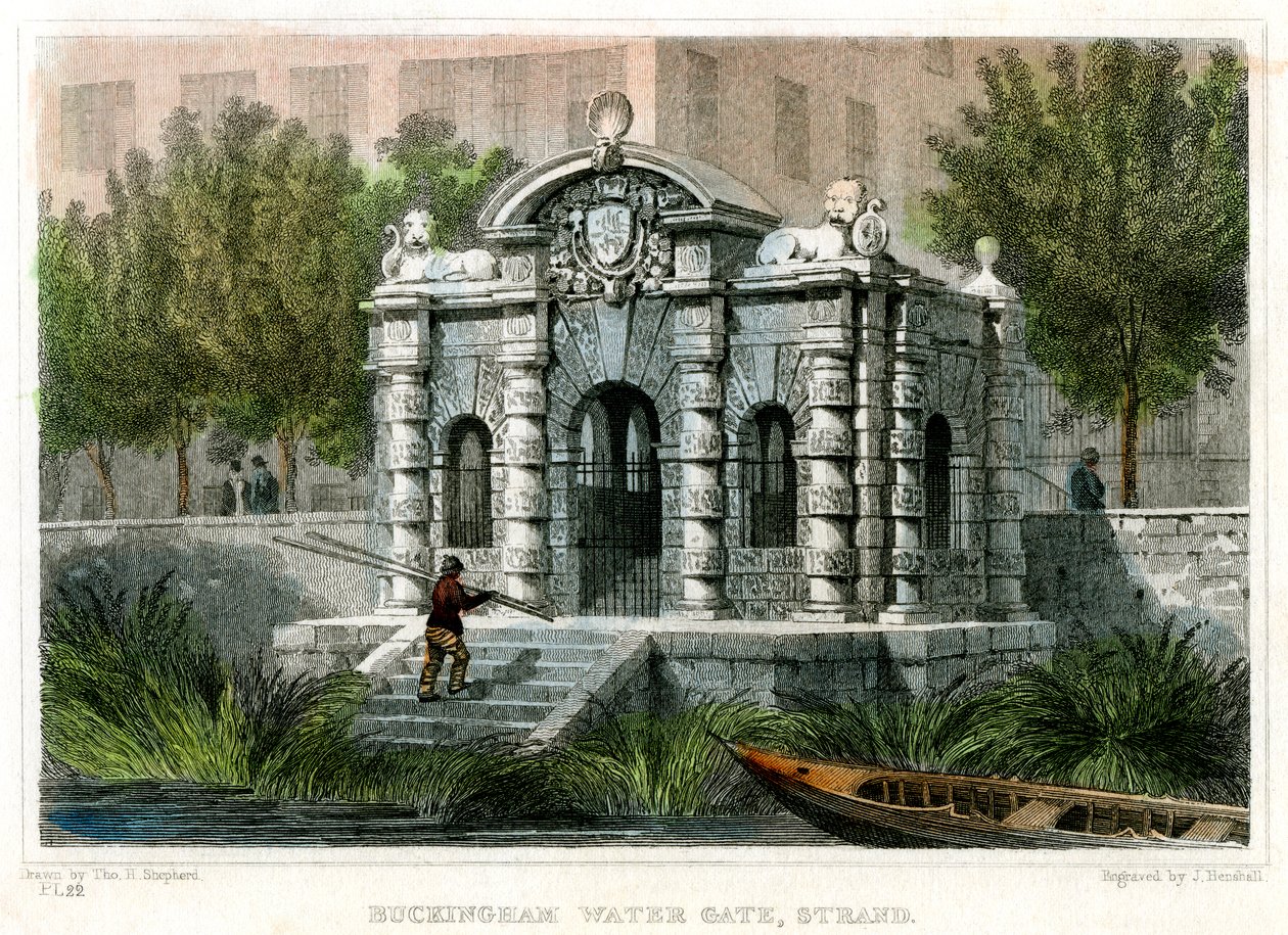 बकिंघम वॉटर गेट, स्ट्रैंड, वेस्टमिंस्टर, लंदन, 1830। द्वारा जे हेंशालो