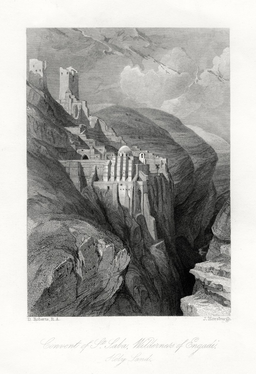 द कॉन्वेंट ऑफ सेंट सबा, जंगल का जंगल, पवित्र भूमि, 19 वीं शताब्दी। द्वारा जे। हॉर्सबर्ग