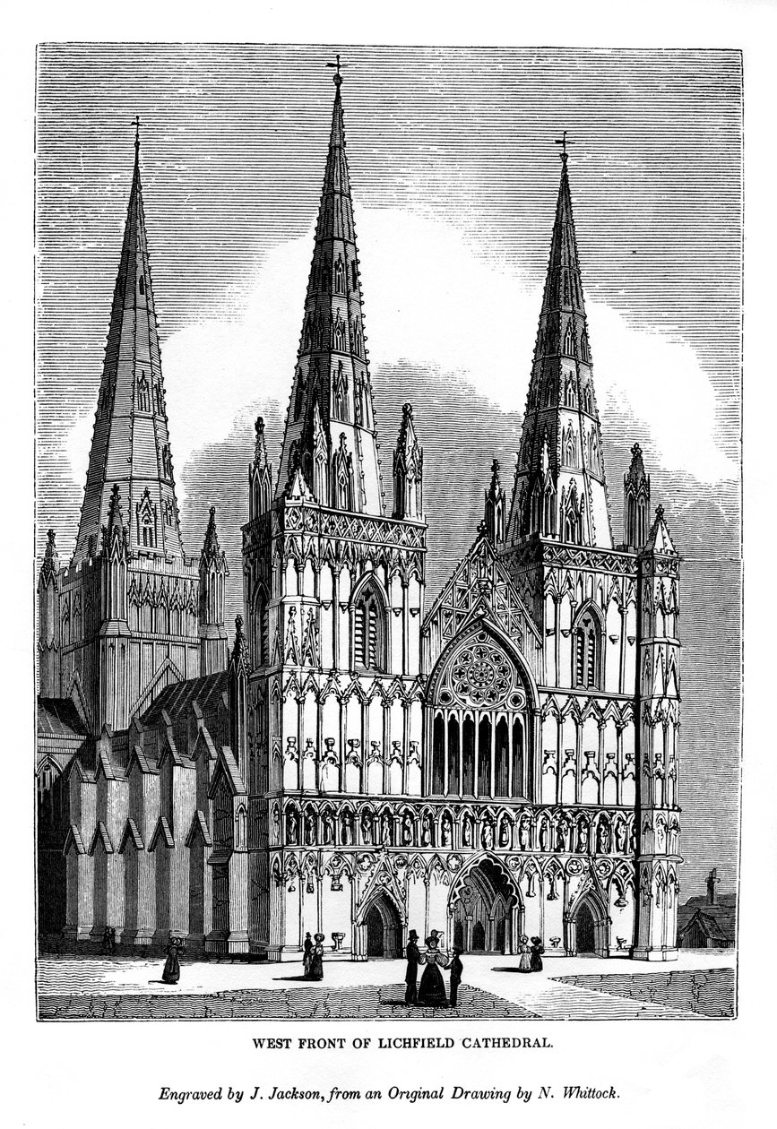 लिचफील्ड कैथेड्रल का पश्चिम सामने, 1843 द्वारा जे। जैक्सन