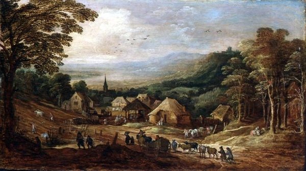 किसानों के साथ शरद ऋतु लैंडस्केप द्वारा जे. और मॉम्पर जे. डी ब्रूघेल