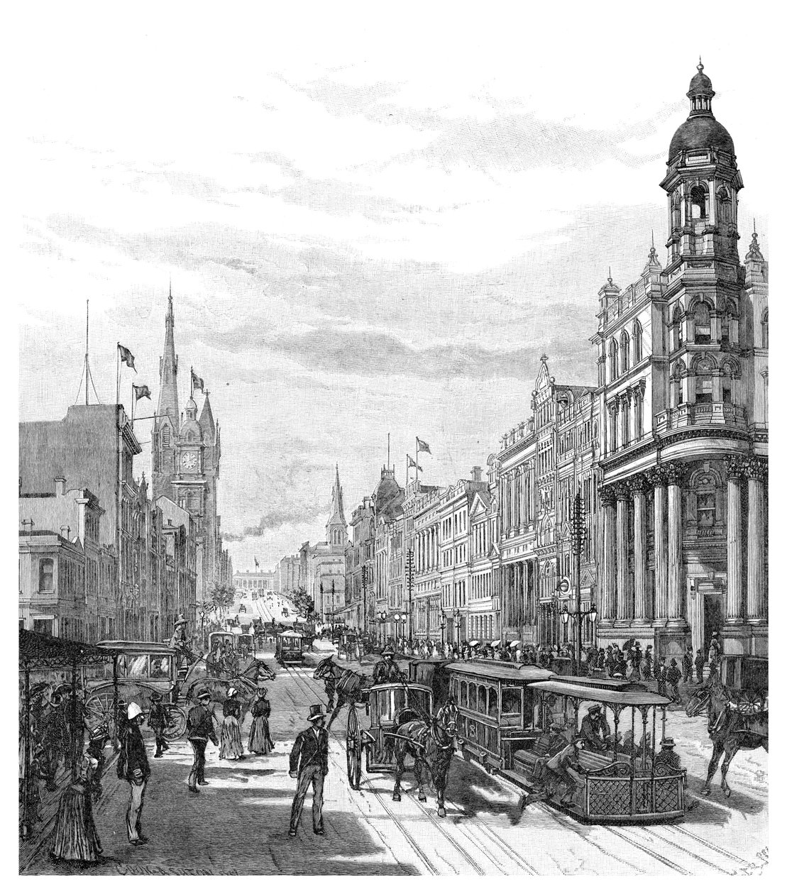 कोलिन्स स्ट्रीट पूर्व की ओर, मेलबोर्न, विक्टोरिया, ऑस्ट्रेलिया, 1886। द्वारा जेआर एश्टन