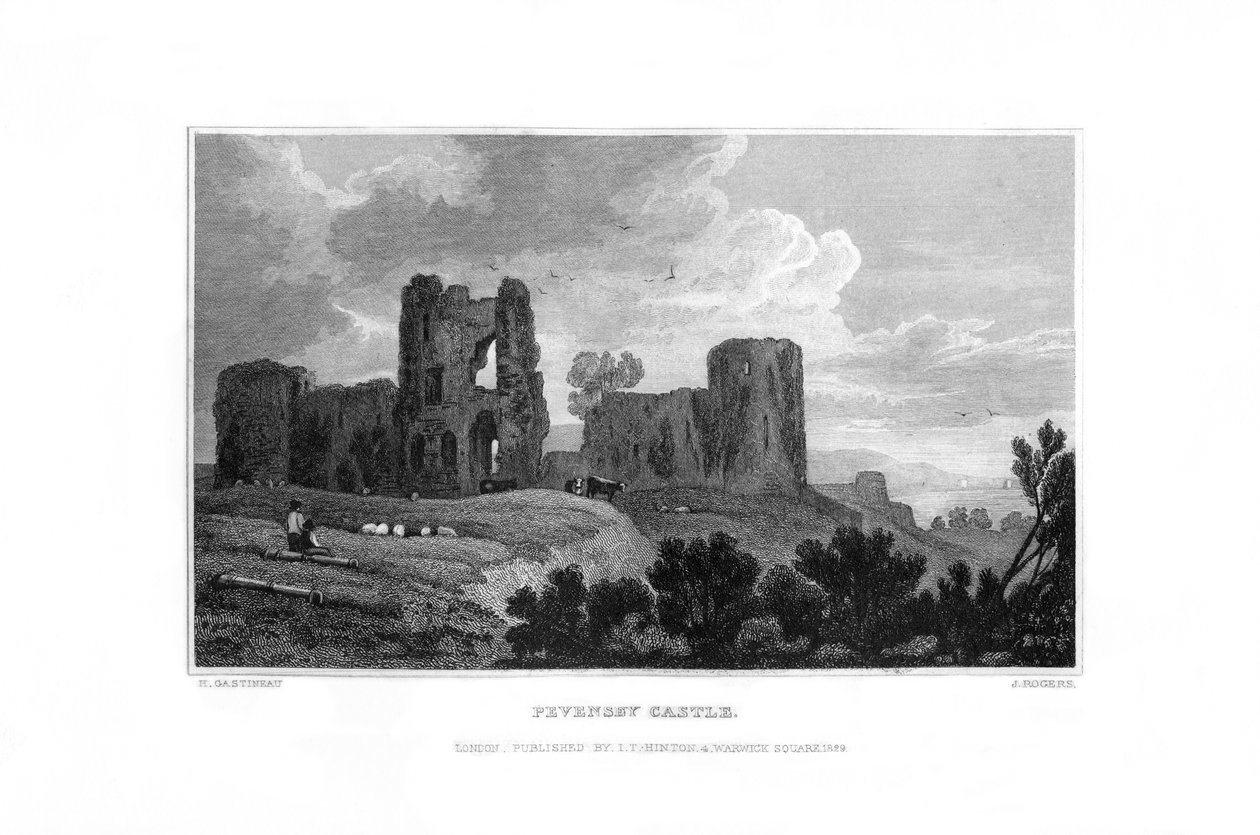 Pevensey Castle, Pevensey, ईस्ट ससेक्स, 1829। द्वारा जे रोजर्स