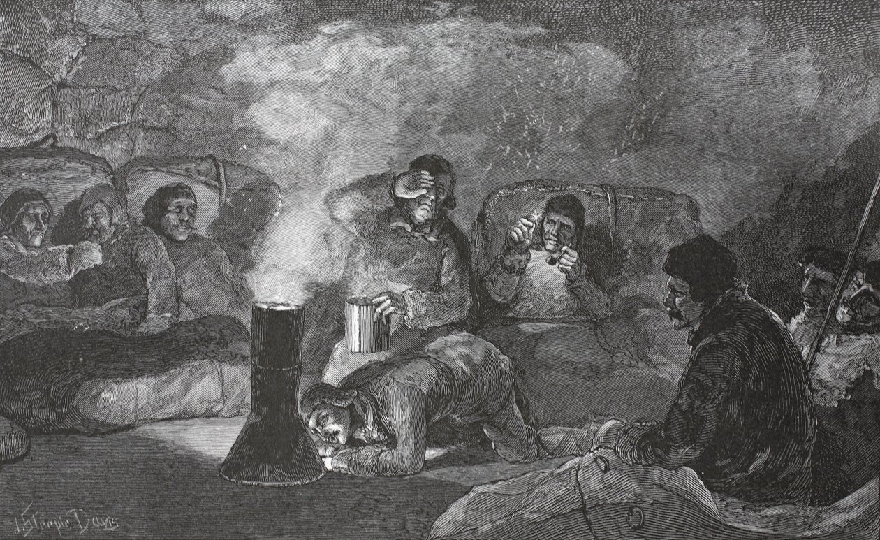 खाना पकाने के दौरान, 1883 पब में कैंप क्ले में हमारे शीतकालीन हट का इंटीरियर। लंदन 1886 द्वारा जे। स्टीपल डेविस