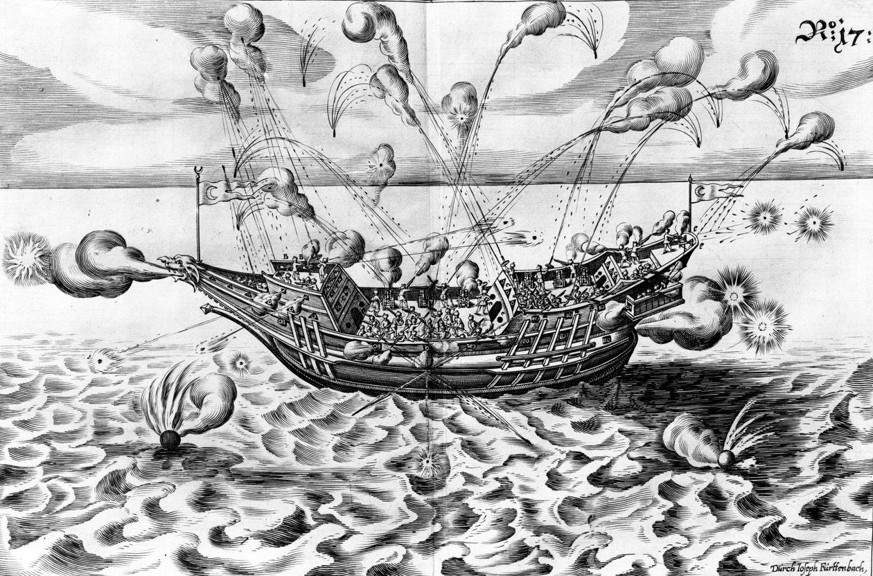 वॉरशिप, &39;आर्किटेक्चर मार्शल&39; से चित्रण, 1629 प्रकाशित द्वारा जैकब कस्टोडिस