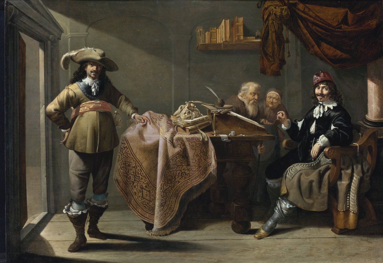 L'aumone dans le Bureau d'un notaire - एक नोटरी के कार्यालय में अलम्सगिविंग पर डक, जैकब (1600/10-1667), - लकड़ी पर तेल, 32x57 - निजी संग्रह द्वारा जैकब डक