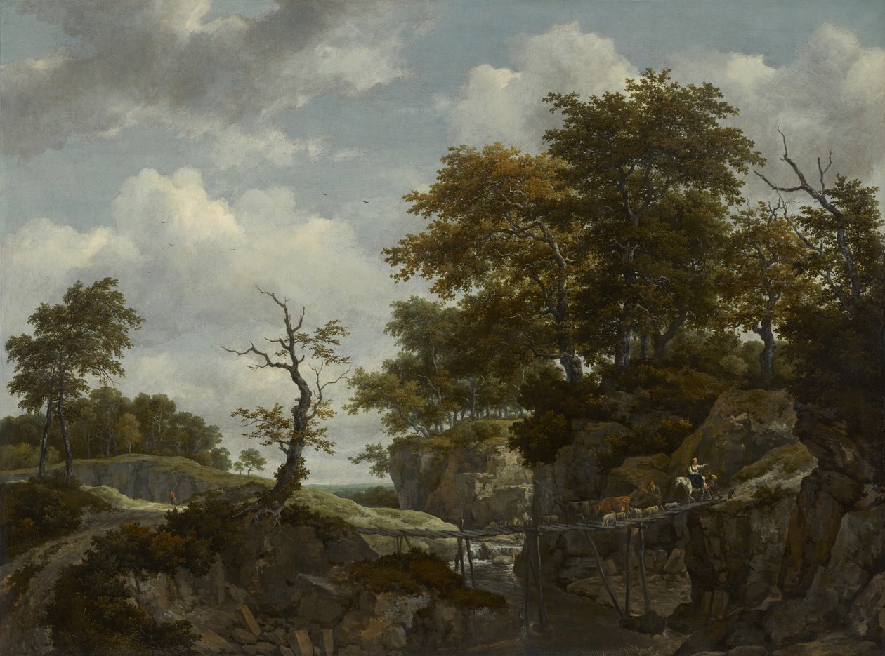 ब्रिज, मवेशी और आंकड़े के साथ लैंडस्केप, c.1660 द्वारा जैकब वैन रुइसडेल