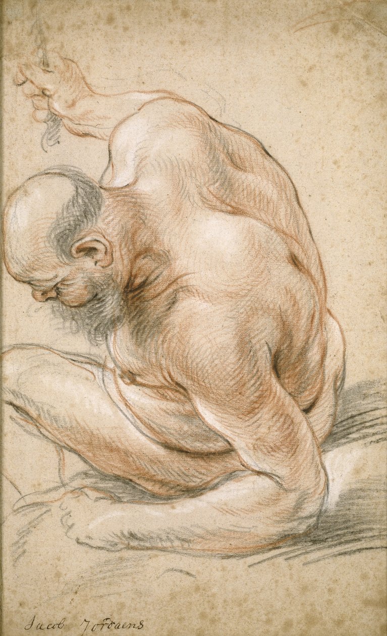 न्यूड ओल्ड मैन बैठा, लीनिंग ऑन हिज फोरम, फेसिंग लेफ्ट, c.1640 द्वारा जैकब जॉर्डन