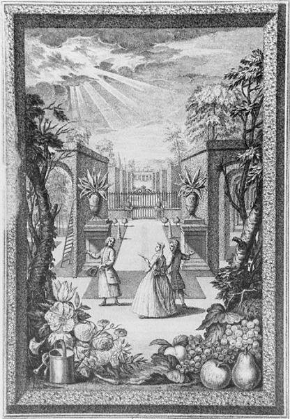 सोसाइटी ऑफ गार्डनर्स द्वारा प्रकाशित हेनरी फ्लेचर (fl। c.1729) द्वारा उकेरी गई 'कैटलॉगस प्लांटारम' से फ्रंटिसपीस द्वारा जैकब वैन (बाद में) हुयसुम