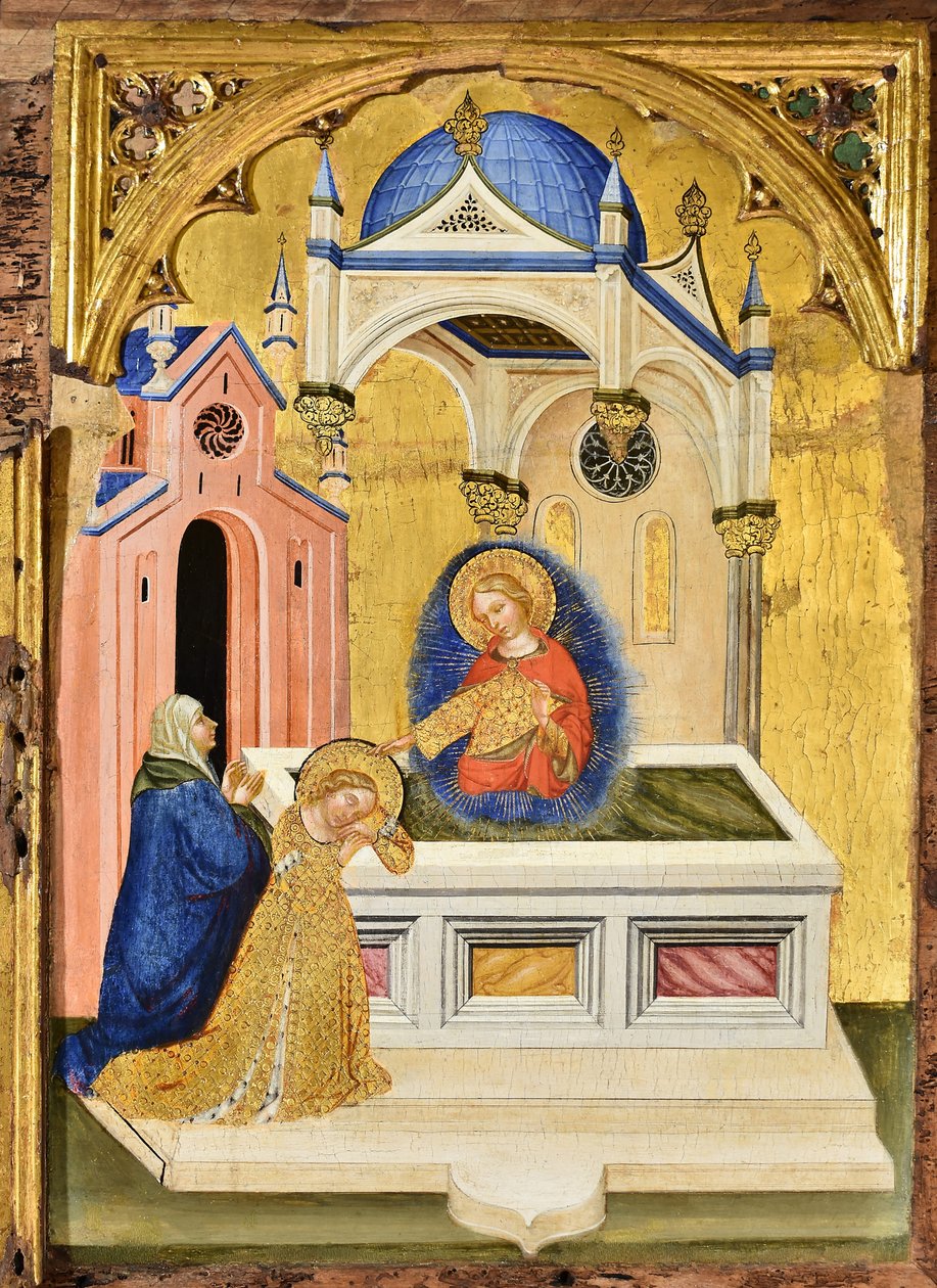 सेंट अगाथा की कब्र पर प्रार्थना करती लूसिया, c.1410। द्वारा जैकोबेलो डेल फिओरे।