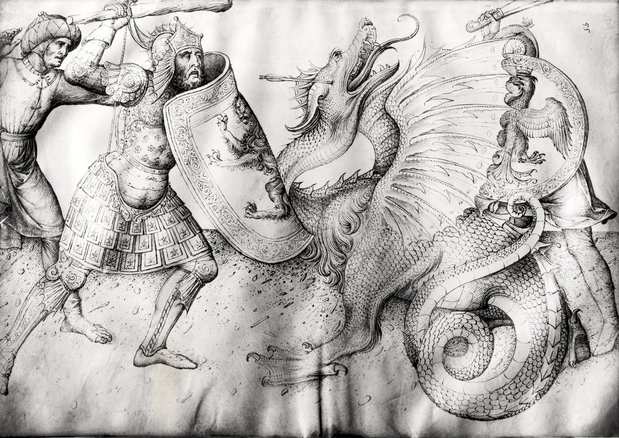 योद्धाओं और एक अजगर के बीच लड़ाई, c.1450 (वेल्लम पर स्याही) द्वारा जैकोपो बेलिनी