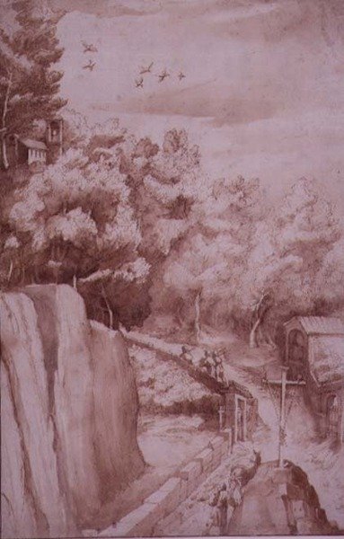पीडी.52-1997 ला वर्ना के मठ का दृश्य, मठ की ओर जाने वाली सड़क, c.1607-12 (कागज पर धुलाई, कलम और स्याही) द्वारा जाको लिगोजी