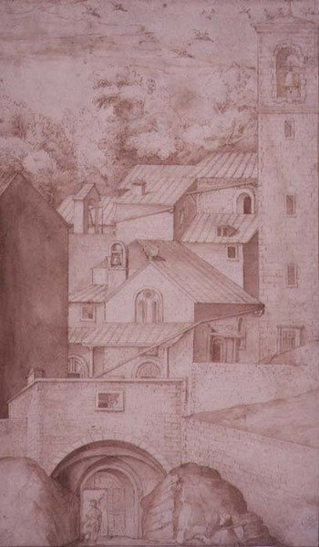 पीडी.53-1997 ला वर्ना के मठ, प्रवेश द्वार और बेल टॉवर का दृश्य, c.1607-12 (कागज पर धुलाई, कलम और स्याही) द्वारा जाको लिगोजी
