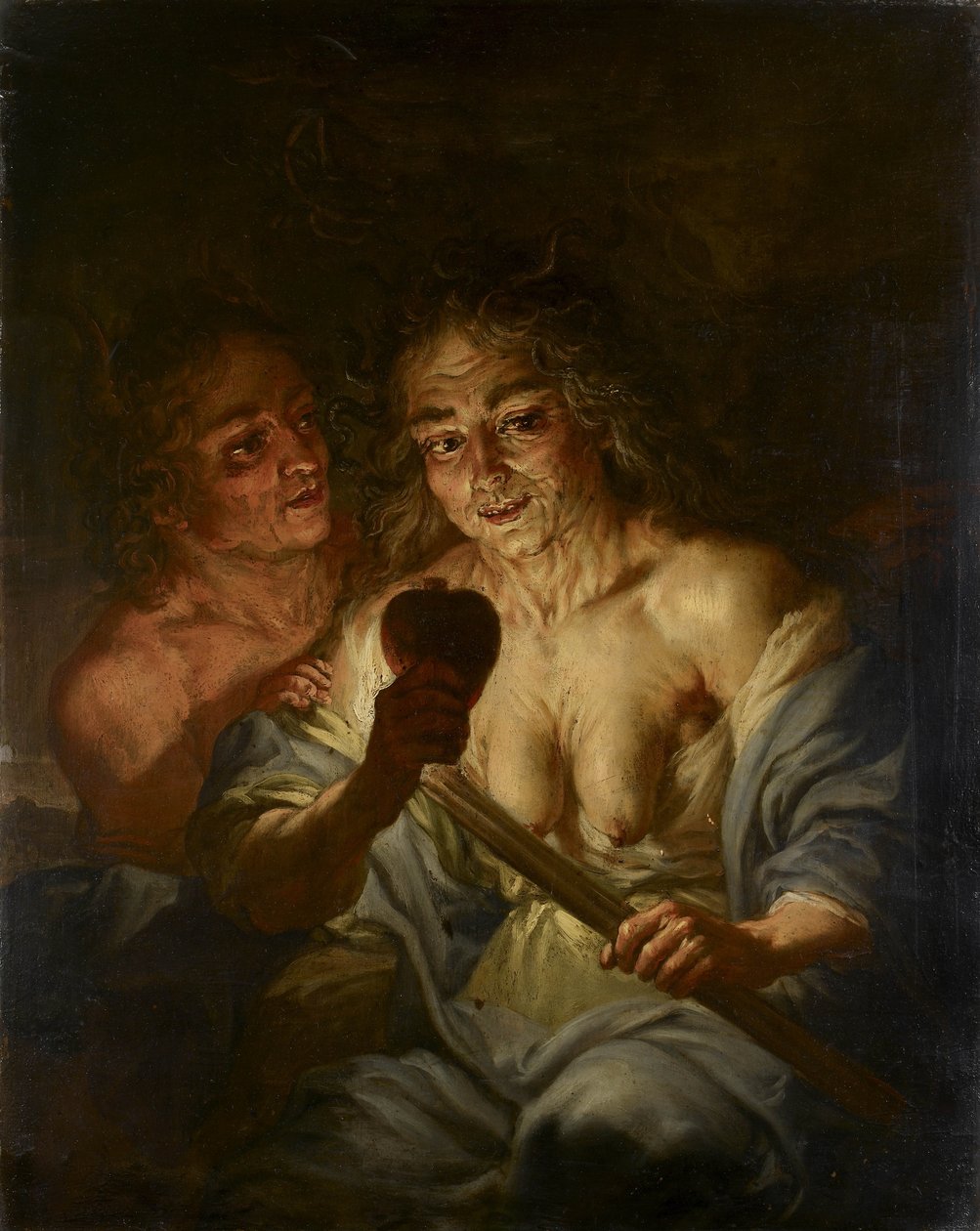 एक बूढ़ी औरत एक दिल पकड़े हुए: ईर्ष्या, c.1642 (तांबे पर तेल) द्वारा जेक दे ल अंज