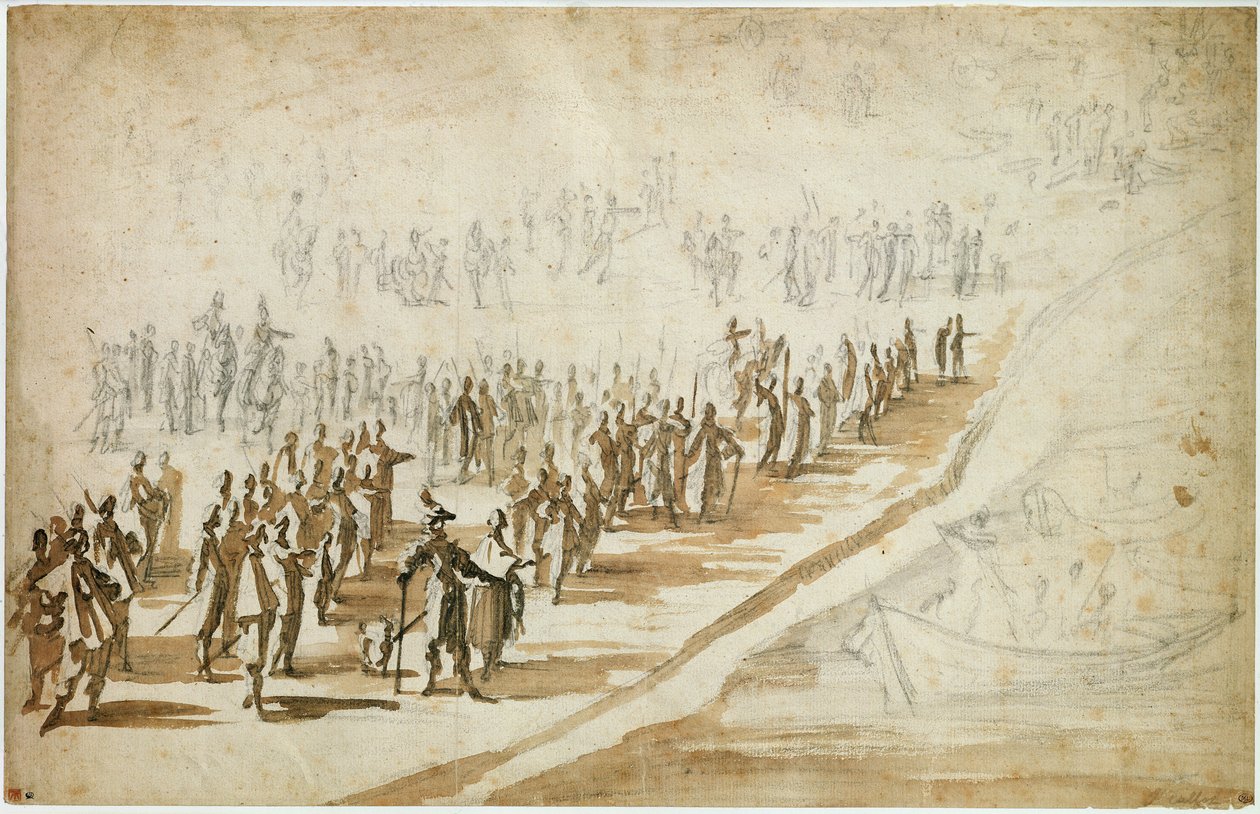 लुईस XIII (1601-43) और कार्डिनल रिचल्यू (1585-1642) के घेराबंदी पर l&39;Ile de Re, c.1628 (कागज पर पेन इन स्याही और पेंसिल) द्वारा जैक्स कैलोट