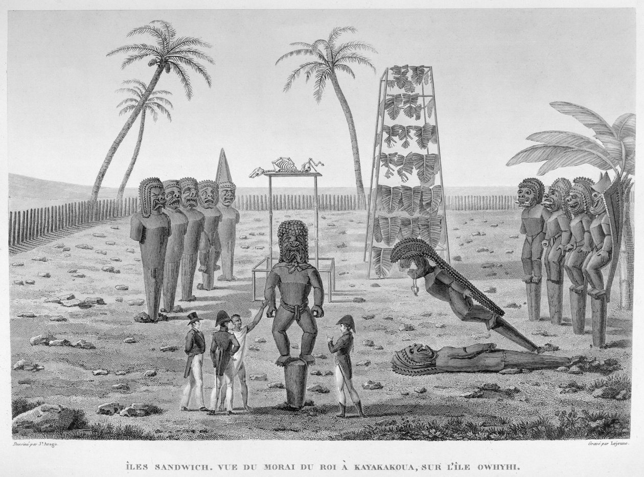 सैंडविच द्वीप: ओझी द्वीप पर राजा की मोराई, कयाकौआ का दृश्य, &39;लेज़न द्वारा उत्कीर्ण 1817-29&39; के कोरवेट पर दुनिया भर की यात्रा, 1825 में प्रकाशित (उत्कीर्ण) द्वारा जैक्स एटीन विक्टर अरागो