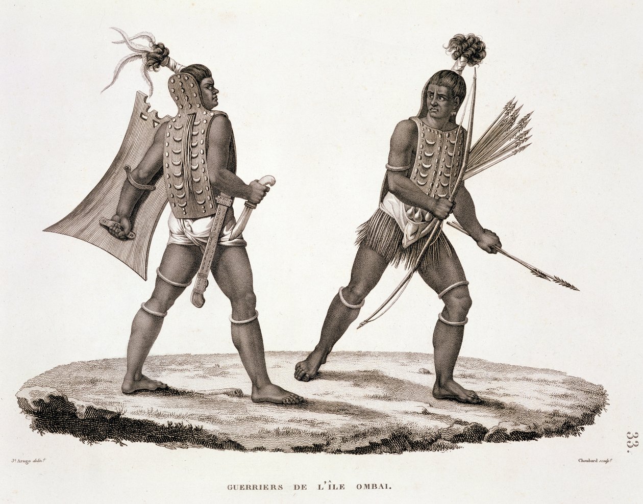 ओबाई द्वीप के योद्धा, लुईस क्लाउड देसौलिस डी फ्राइसिनसेट (1779-1842) द्वारा &39;वॉयेज ऑटोर डू मोंडे (1817-20)&39; से चौबार्ड द्वारा उत्कीर्ण, 1822-24 प्रकाशित द्वारा जैक्स एटीन विक्टर अरागो