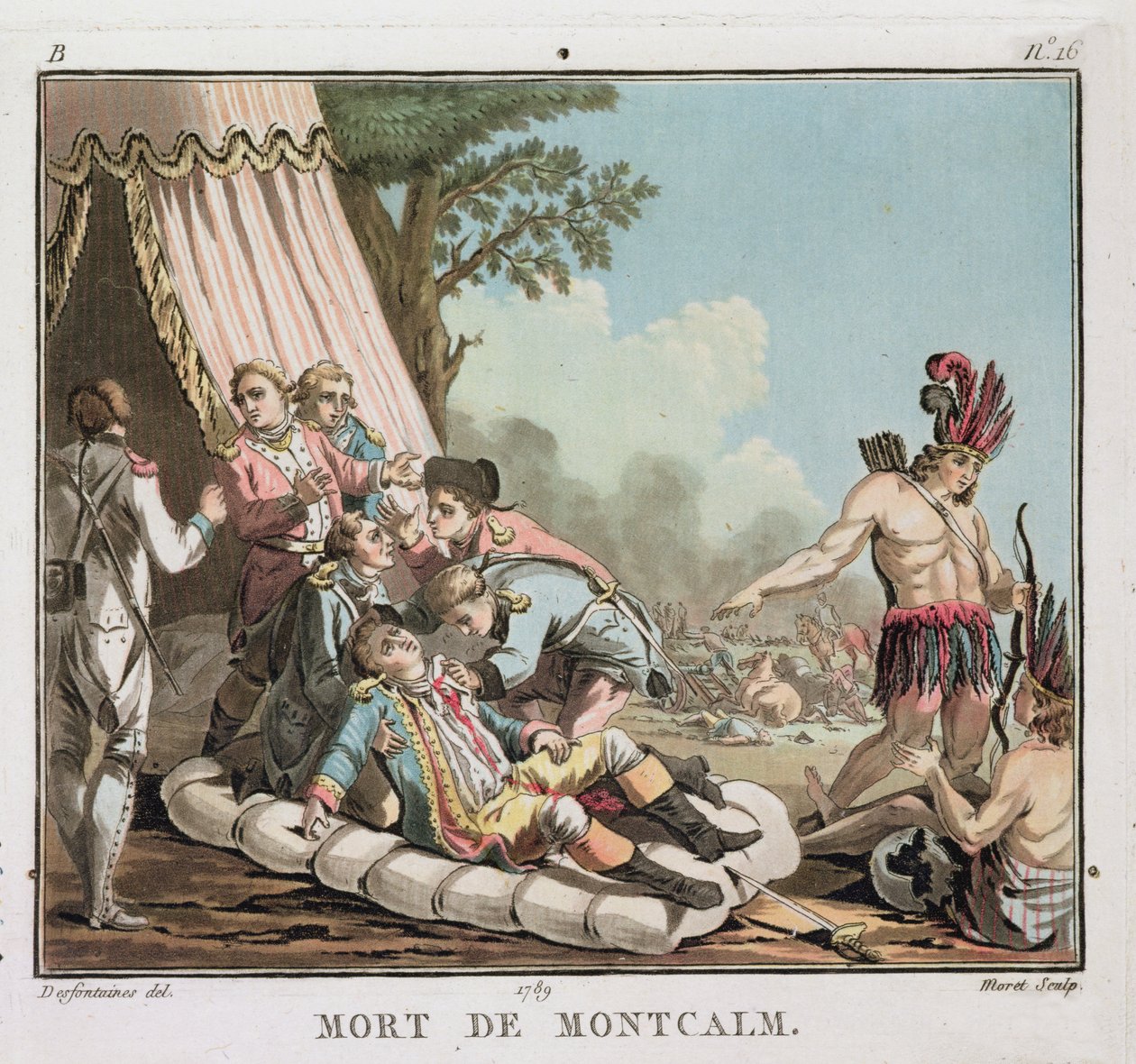 क्यूबेक की घेराबंदी में लुई जोसेफ डी मॉन्टल्कम की मृत्यु, 1759, जीन बैप्टिस्ट मोरेट द्वारा उत्कीर्ण (fl.1790-1820), 1789 (रंगीन लिथो) (देखें 139883) द्वारा जैक्स फ्रेंकोइस जोसेफ स्वेबाक