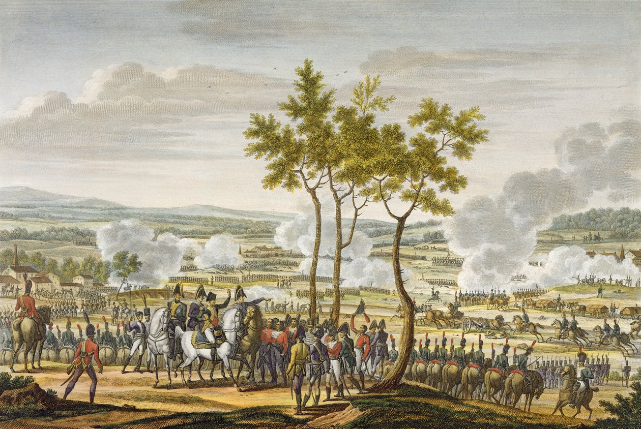 एबेन्सबर्ग की लड़ाई, 20 अप्रैल 1809, एडमे बोविनेट (1767-1832) (एक्वाटि) द्वारा उत्कीर्ण द्वारा जैक्स फ्रेंकोइस जोसेफ स्वेबाक