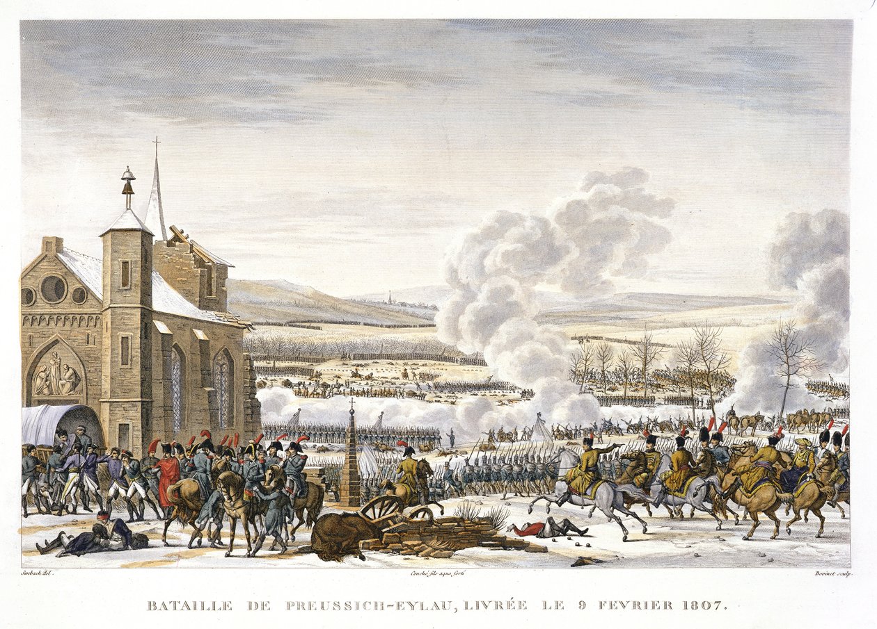 प्रेस्सिस्क-ईलाऊ की लड़ाई, 9 फरवरी 1807, एडमे बोविनेट (1767-1832) (एक्वाटिंट) द्वारा उत्कीर्ण द्वारा जैक्स फ्रेंकोइस जोसेफ स्वेबाक