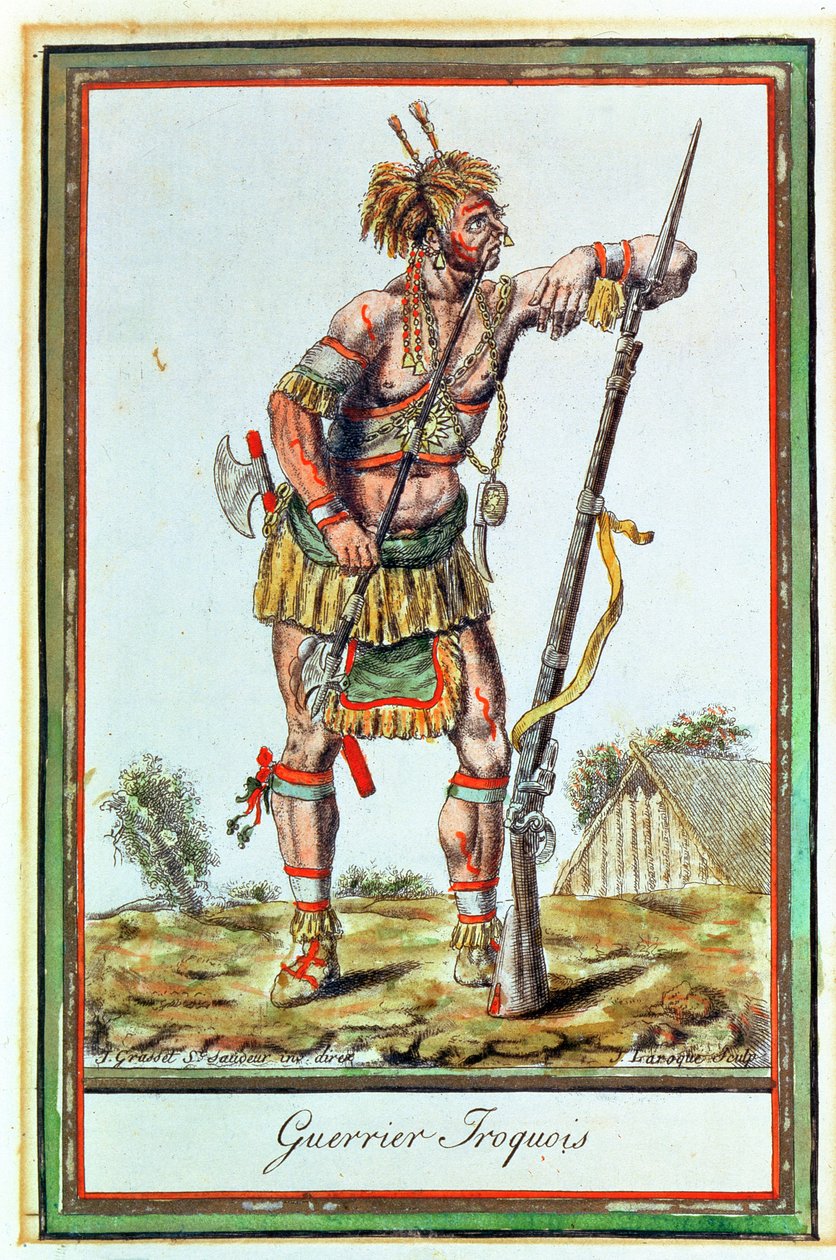 इरोक्विस योद्धा, &39;एनसाइक्लोपीडिया ऑफ ट्रैवल्स&39;, जे। लारोक, 1796 द्वारा उकेरा गया द्वारा जैक्स ग्रासेट डी सेंट सौवेउर