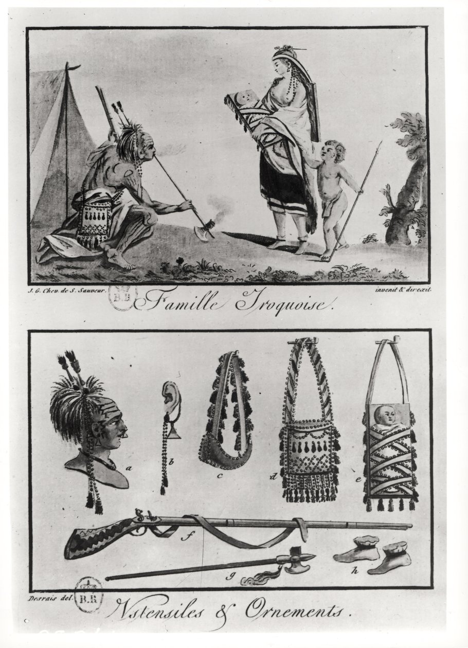 क्लॉड लुई देसरायस (1746-1816), 1787 द्वारा उत्कीर्ण &39;तबलीक्स कॉस्मोग्राफिक्स डी लअमेरिक&39; से इरोकॉइस परिवार, हथियार और गहने द्वारा जैक्स ग्रासेट डी सेंट सौवेउर