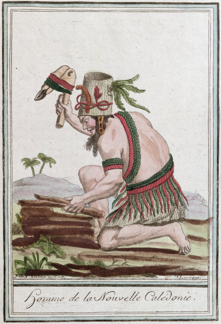 न्यू कैलेडोनिया का मूल निवासी, जे। लारोक, 1796 द्वारा उत्कीर्ण द्वारा जैक्स ग्रासेट डी सेंट सौवेउर
