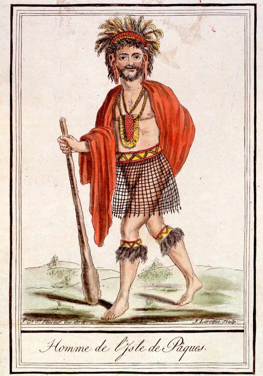 ईस्टर द्वीप के एक आदमी, &39;एनसाइक्लोपी डेस वॉयजेस&39; से, जे। लारोक, 1796 द्वारा उकेरा गया द्वारा जैक्स ग्रासेट डी सेंट सौवेउर