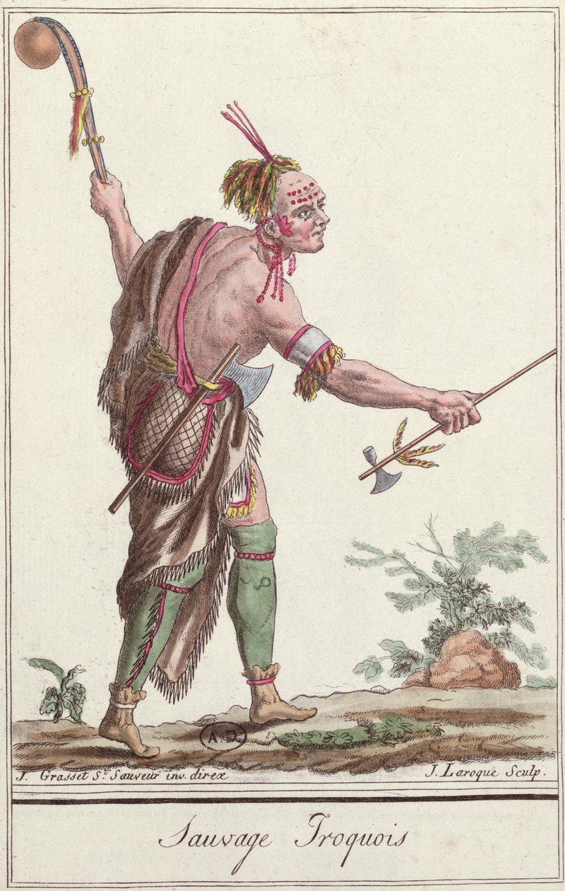 इरोकॉइस सैवेज, &39;एनसाइक्लोपीडिया ऑफ ट्रैवल्स&39;, जे। लारोक, 1796 द्वारा उत्कीर्ण द्वारा जैक्स ग्रासेट डी सेंट सौवेउर