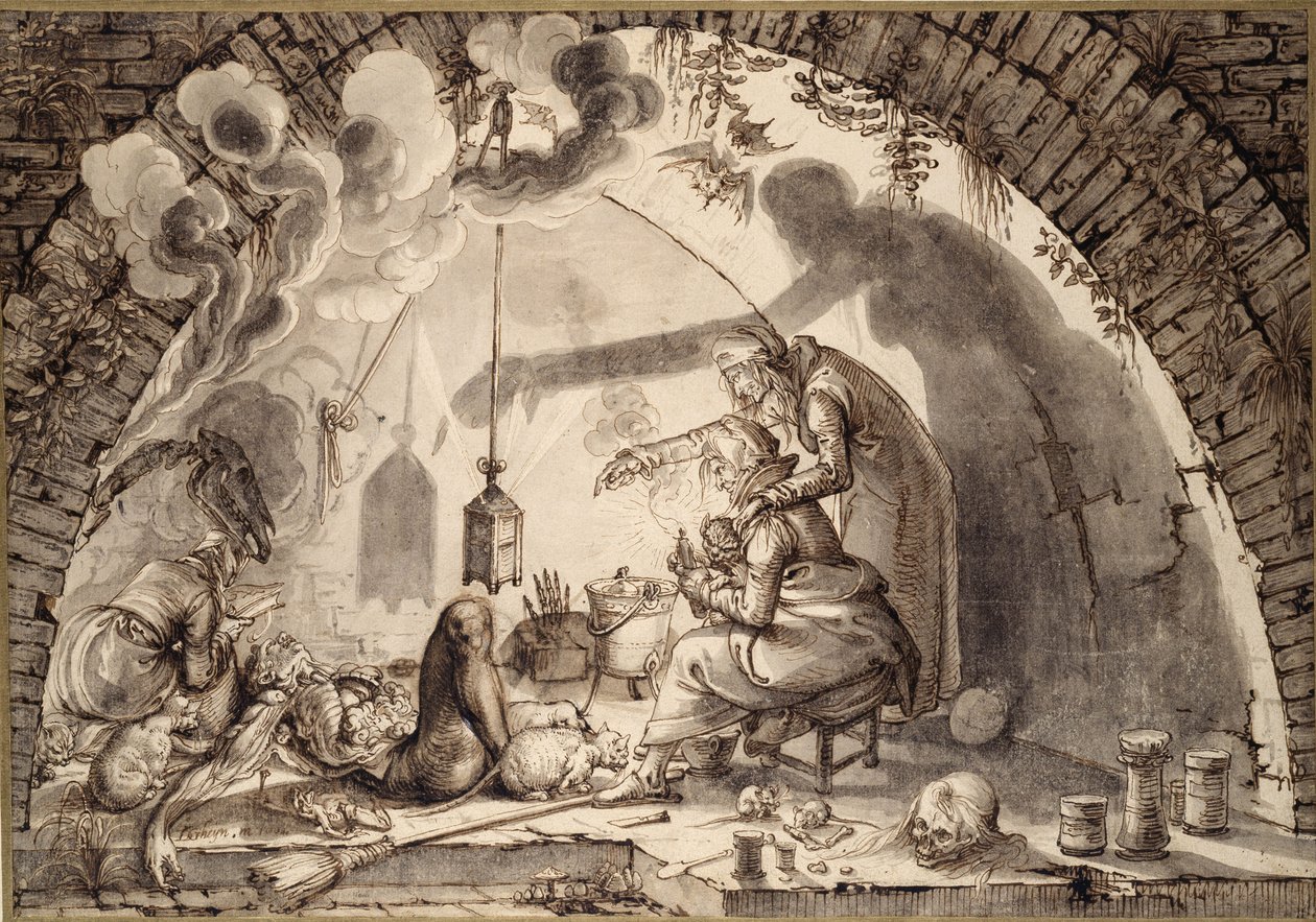 एक चुड़ैल की रसोई, c.1600 (कागज पर पेन und स्याही और धो) द्वारा जैक्स II डी घेन